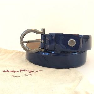 Ferragamo blue patent leather belt.